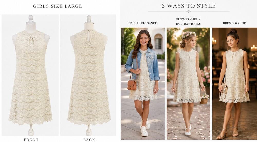 Art Class Girls Ivory Lace Shift Dress Size Large 10/12 Keyhole Back